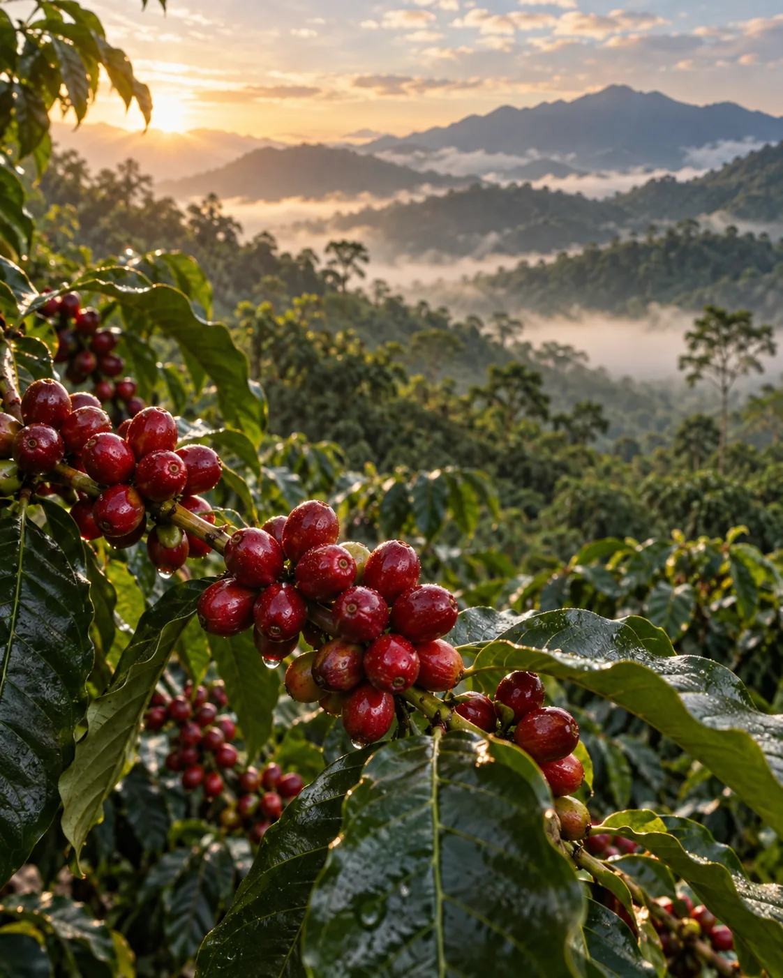 Editorial view of coffee cherries in mountain landscape