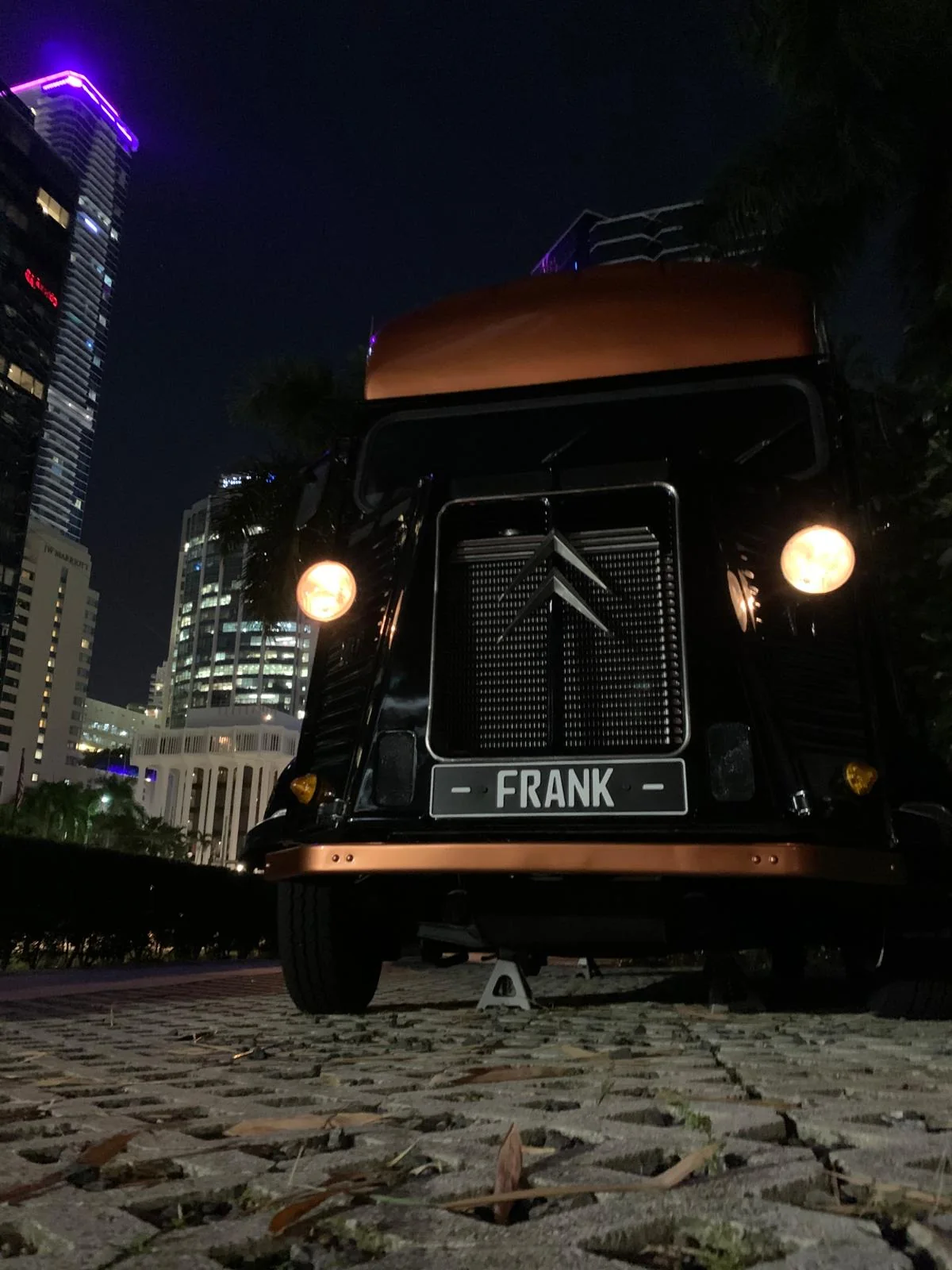 Frank, the True Baristas vintage truck, at night in Brickell