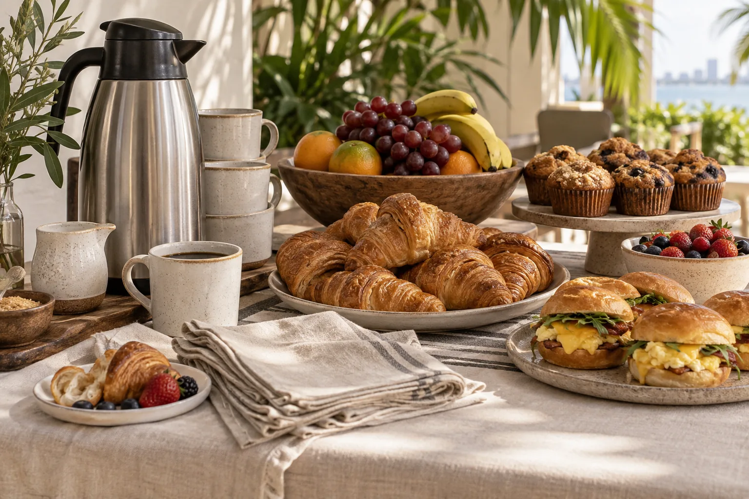 Breakfast catering table with coffee, fruit and baked goods