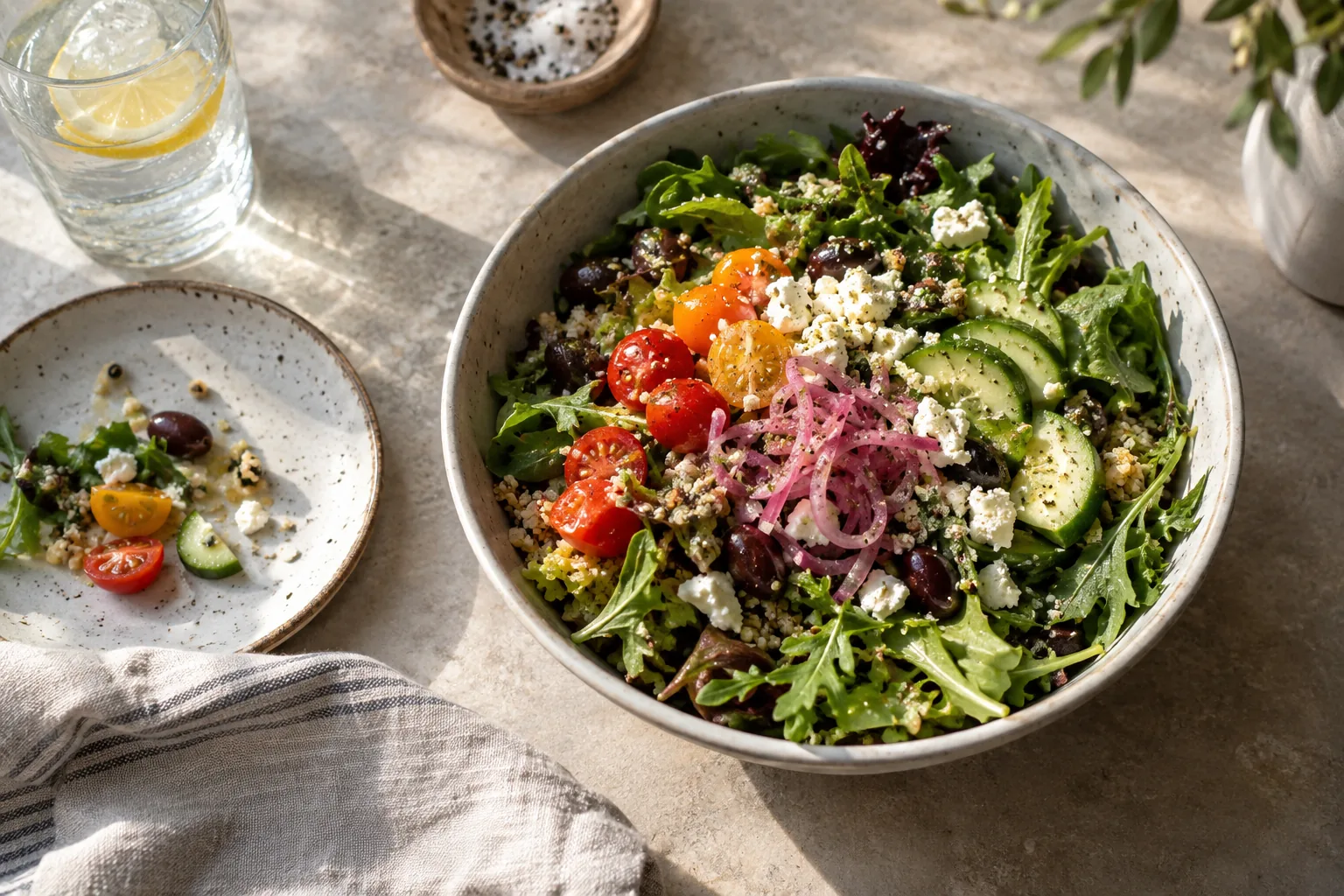 Fresh cafe salad with greens, vegetables, grains and feta
