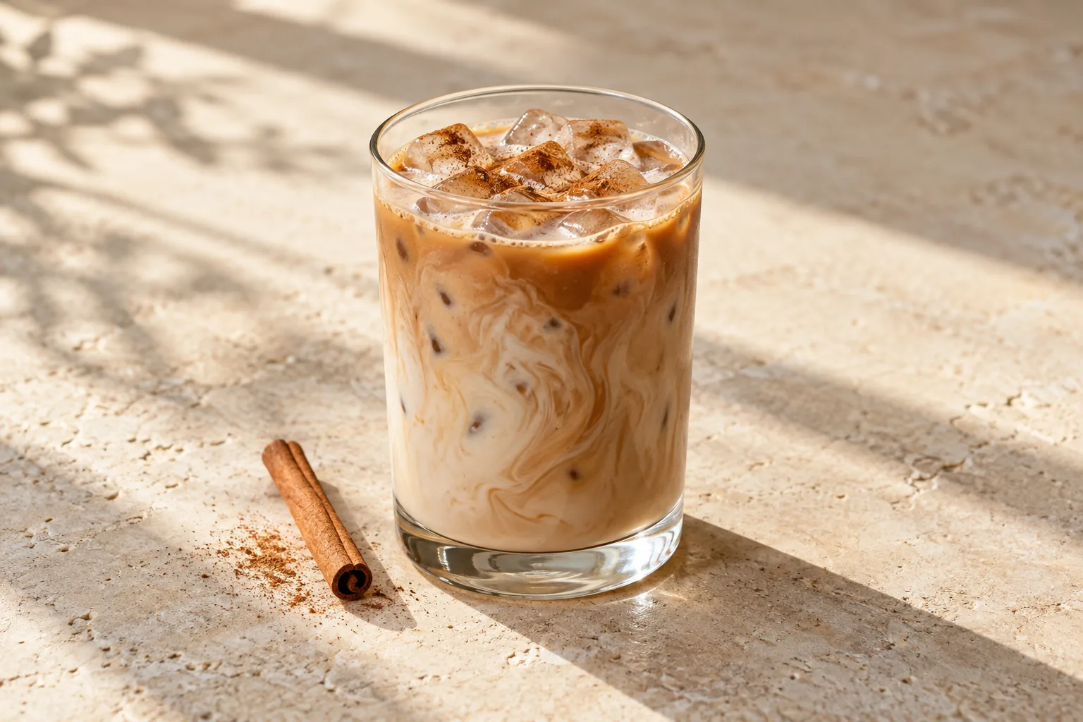 Iced chai in a glass with cinnamon, editorial category image