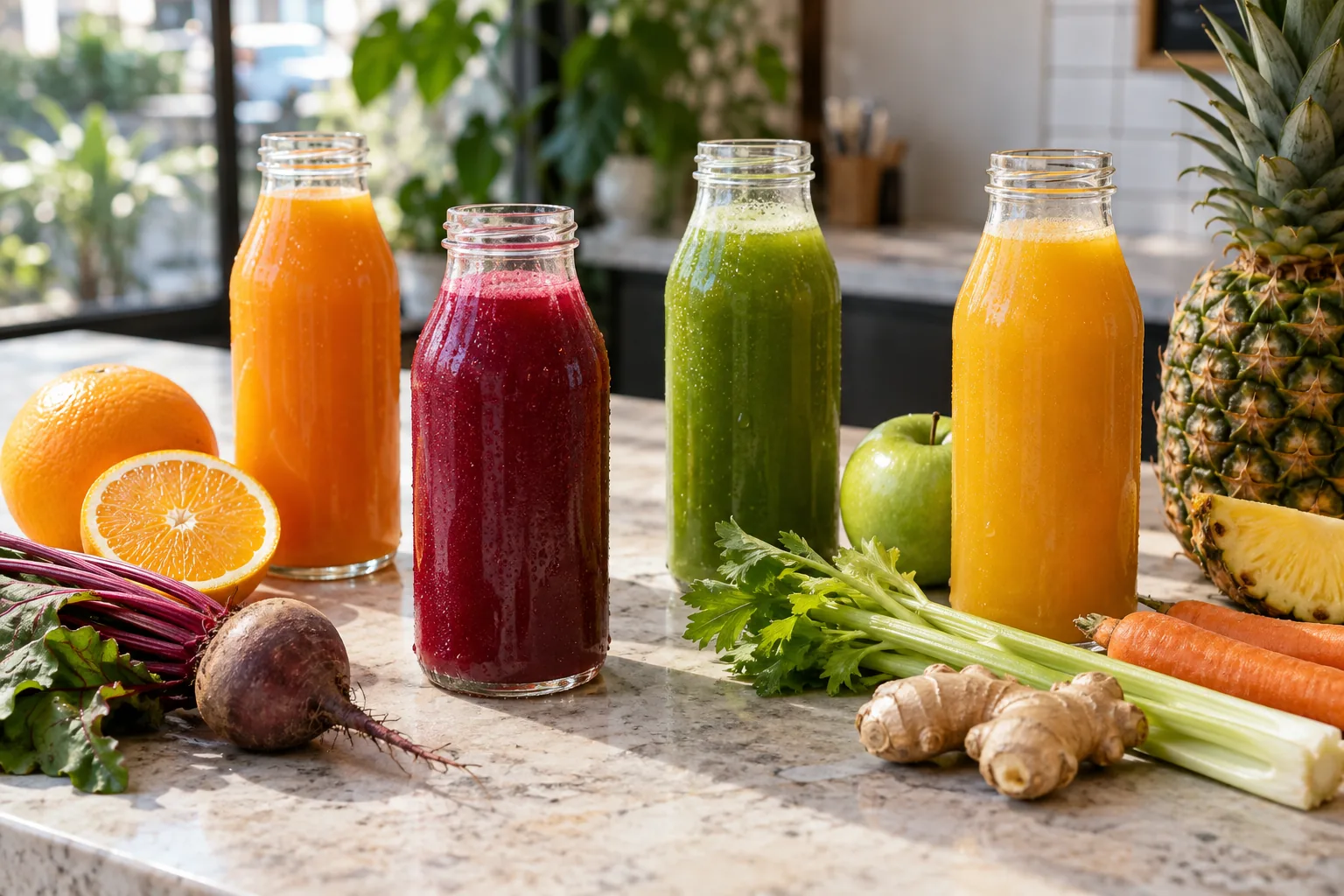 Orange, beet, green and carrot-pineapple cold-pressed juices