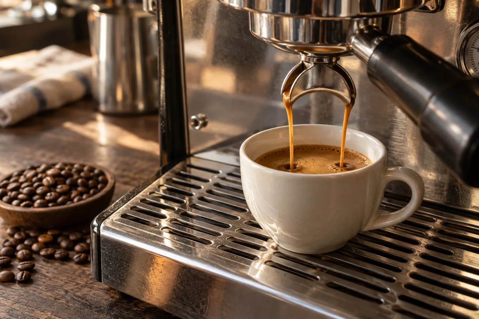 Fresh espresso pouring into a ceramic cup