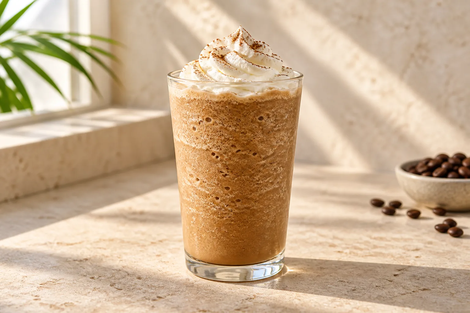 Blended coffee frappe in morning light, editorial category image