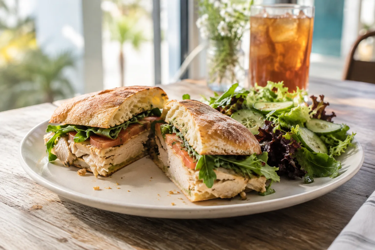 Cafe sandwich with a fresh green salad