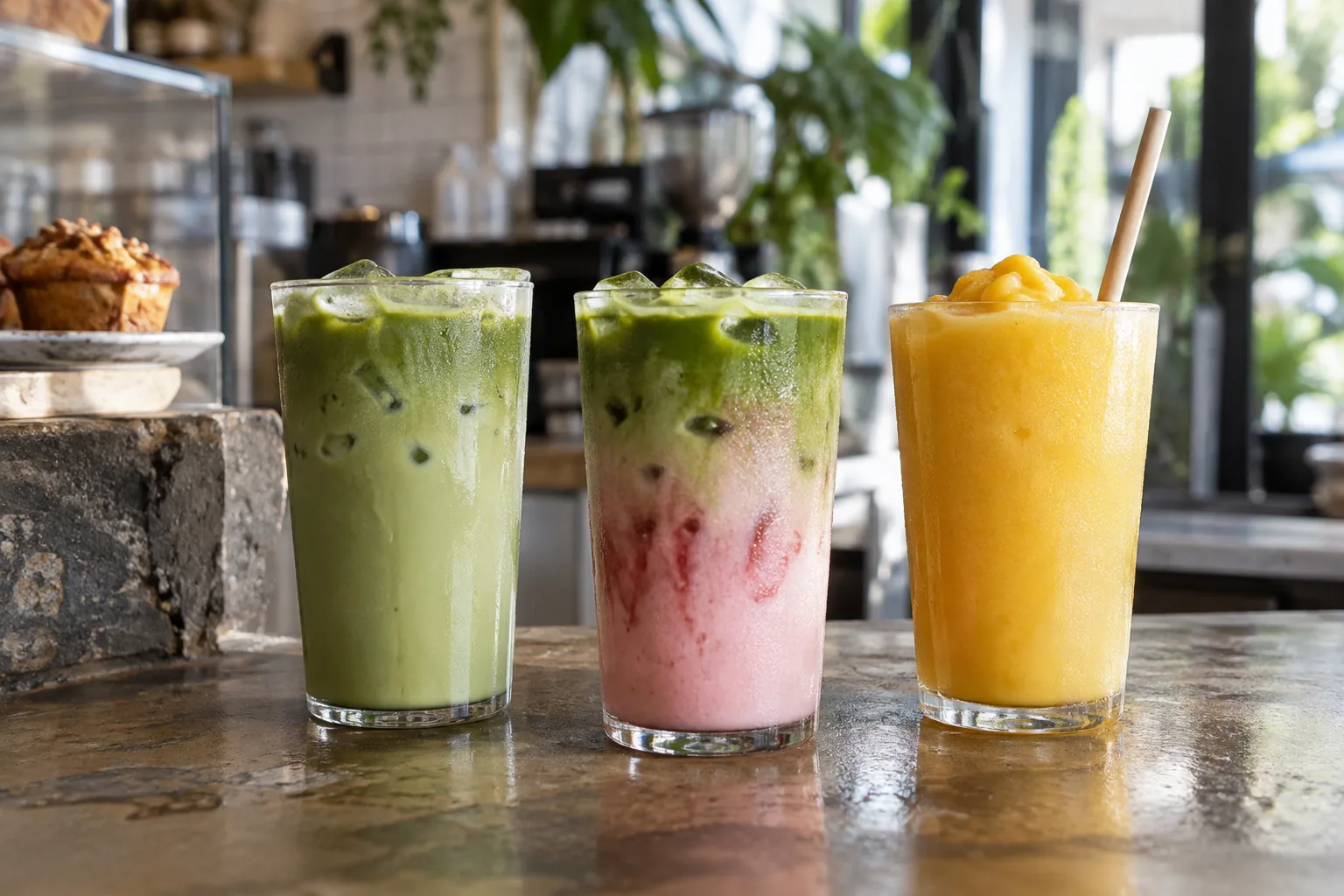 Iced matcha and fruit drinks on a cafe counter