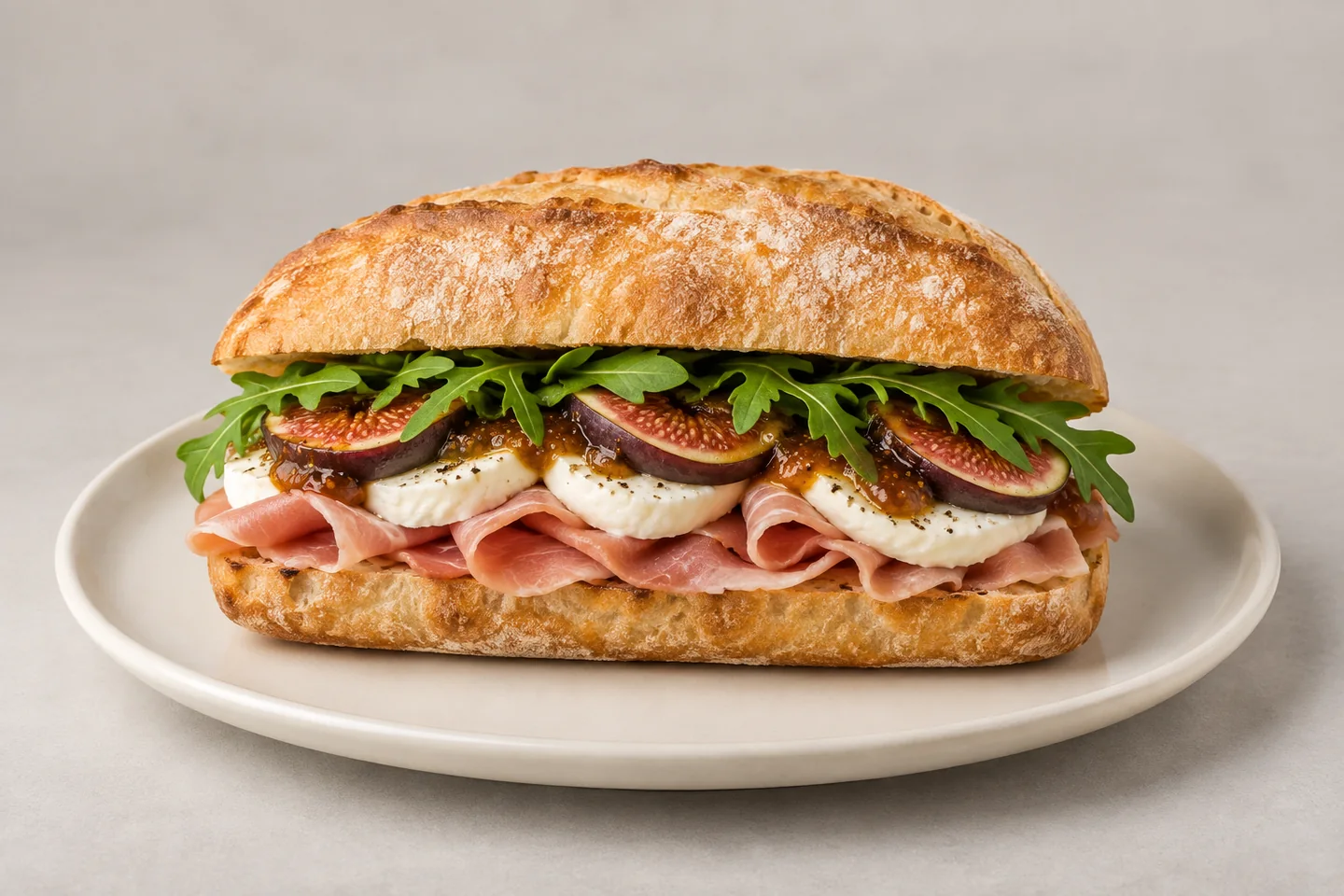 True Baristas ham and mozzarella sandwich on toasted ciabatta