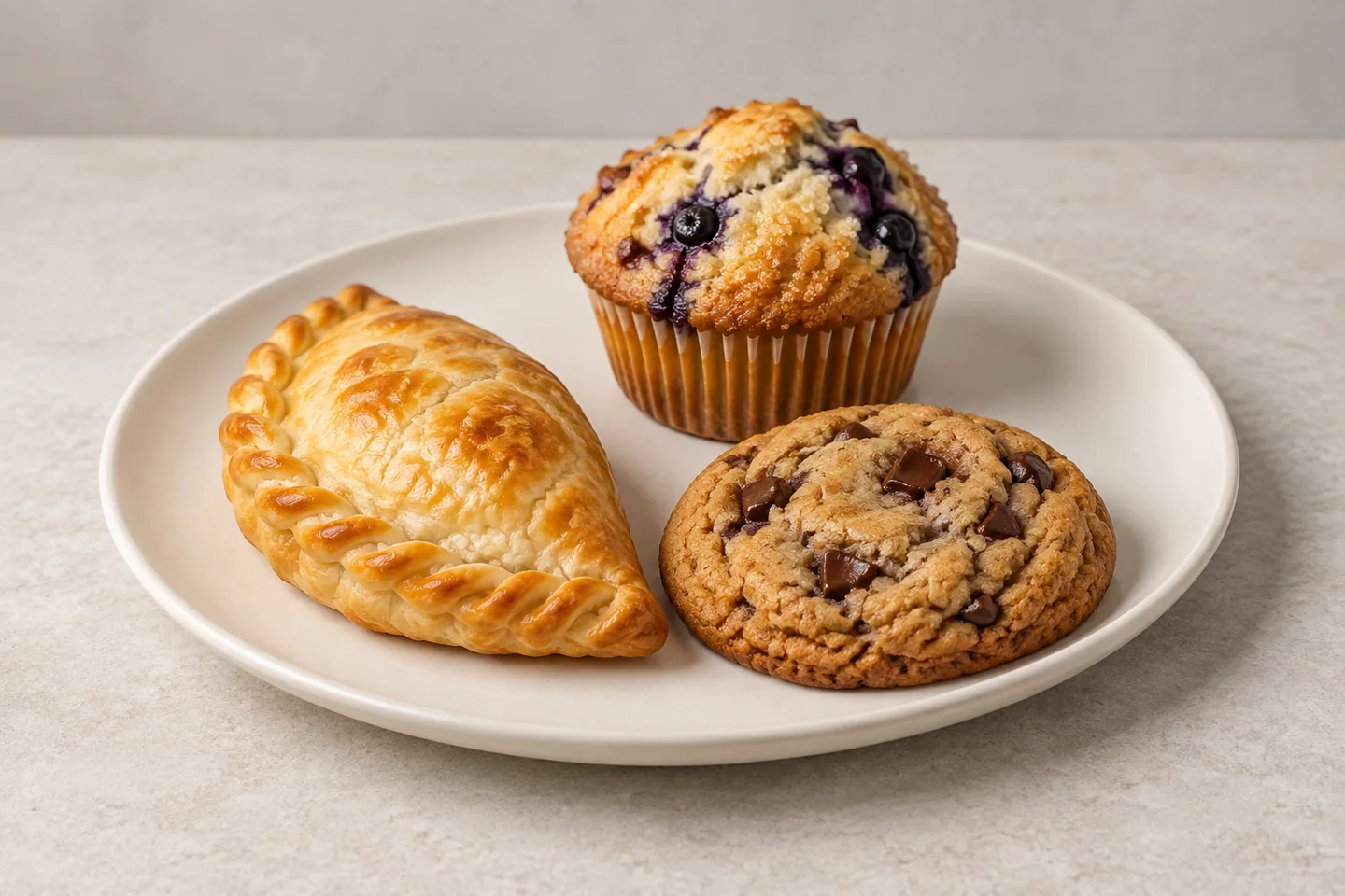 Illustrative empanada, cookie and muffin from the True Baristas bakery menu