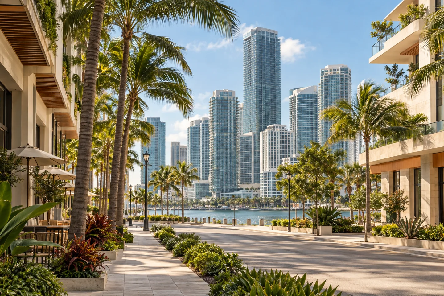 Editorial view inspired by the Brickell skyline and streetscape in Miami